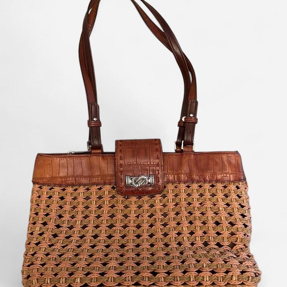 Vintage Brighton Woven Straw & Croc-Embossed Leather Shoulder Bag western boho